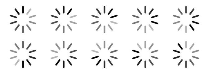 Buffering circle set in grey color vector image rounded style. Loading indicator vector icon set. Buffer status circle bar symbol. Loading progress web or app interface isolated illustration.