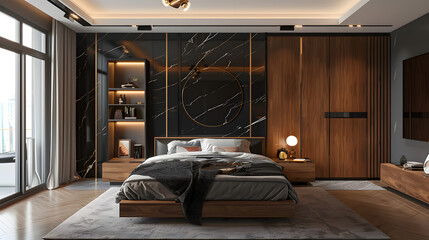 Modern beddroom furniture. wooden wardrobe with black marble doors. 