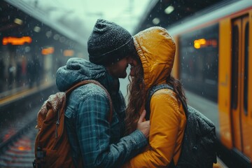 Obraz premium A guy and a girl couple hug and kiss before long parting at the train station on rainy day. Travel and relationship concept.