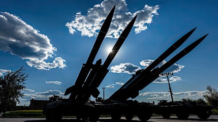 an antiaircraft system featuring cannons and cruise missiles on a vibrant blue sky, accompanied by the silhouettes of four white round rocket shells standing prominently in the foreground.