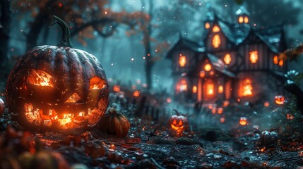 A Halloween-themed image depicting a carved pumpkin in the foreground with a haunting house illuminated in the background