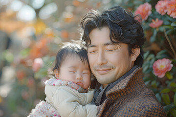 Obraz premium Happy smiling man father plays with daughter or son child. Caring father hugs his baby tenderly. Father's Day or Children's Day concept