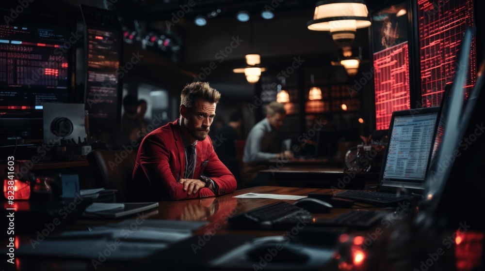 Poster intense man in red jacket analyzing data at a sophisticated cybersecurity monitoring station