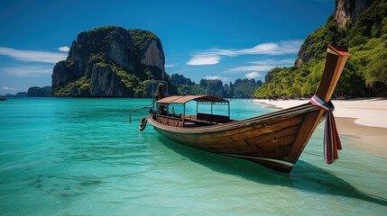A picturesque view with a traditional longtail boat on the clear blue waters of a tropical beach with limestone cliffs