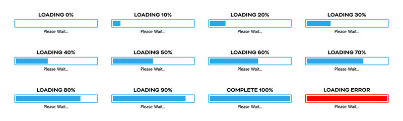 Loading please wait progress bar set with 0-100% in blue color. Percentage loading bar infographic icon set 0-100% in blue color. Set of percentage loading bar 10%, 20%, 70, 90%, 100% slider.