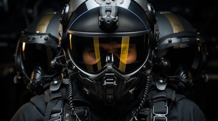 Fototapeta premium Two pilots wearing full gear with helmets and visors down, standing in a dark setting