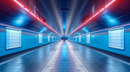 Eye-catching red neon lights streaking across blue-tiled subway tunnel walls