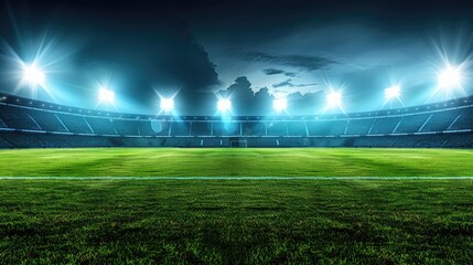 a soccer stadium field with bright lights illuminating the lush green grass, creating a dynamic design element perfect for a football or soccer poster, banner, flyer, card, invitation, cover.