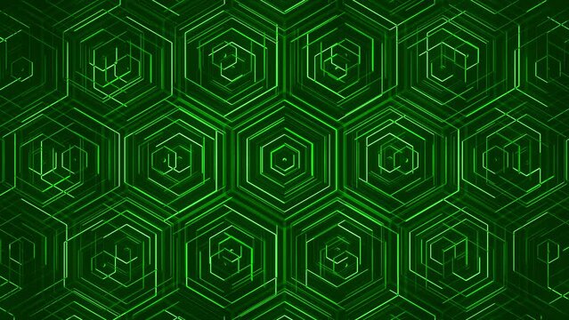 Green Hexagonal Pattern. Animated Nanotech Grid. Looped video.