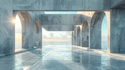 A contemporary concrete pavilion overlooking the ocean with sunlight reflecting on the floor