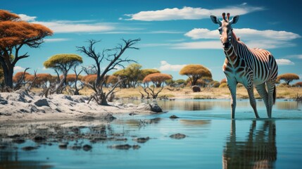 Obraz premium A zebra stands at the edge of a watering hole with a savanna landscape and acacia trees in the background