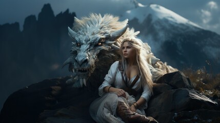 Naklejka premium A fantasy illustration of a woman in a warrior's attire accompanied by a mythical beast