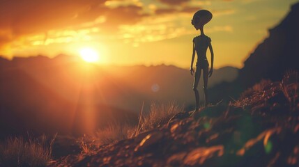 An alien figure stands on a hill silhouetted against the setting suns warm glow.