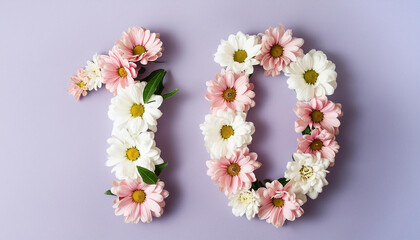 Number 10, ten made of blooming flowers on lilac backdrop. Floral composition. Flat lay. Close-up.