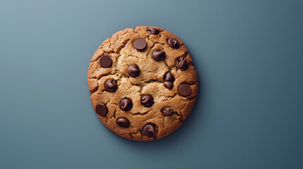A delicious chocolate chip cookie on a blue background, capturing its mouthwatering texture and rich chocolate chips.
