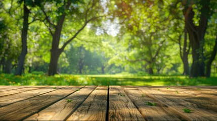 Fototapeta premium Empty wooden table with green park nature background, Wood table for food and product display over blur green tree garden, Park nature outdoor and wood table in spring and summer, generative ai