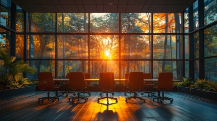 Contemporary office space backlit by a sunset, with red-orange chairs facing a glass wall overlooking a forest