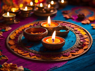 Festival brilliance! Diwali celebration with diya oil lamps illuminated on a colorful rangoli design.
