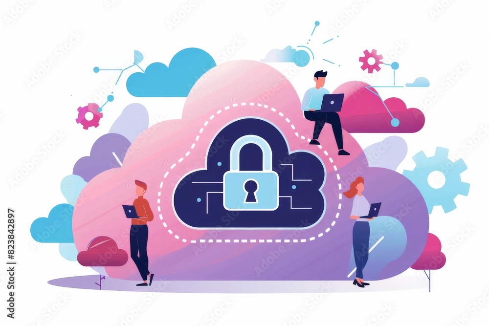 Poster secure cloud collaboration with advanced data encryption and protection, technology illustration
