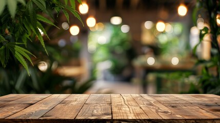 image of a wooden table on an abstract blurred background of restaurant or store lighting
