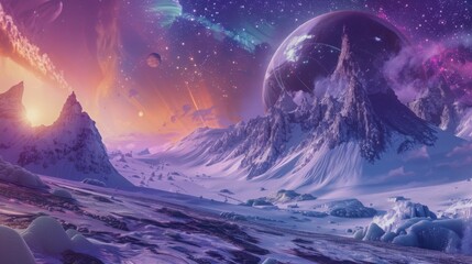 A stunning alien terrain features towering icy peaks, glowing nebulae, and multiple planets in a vivid sunset sky.
