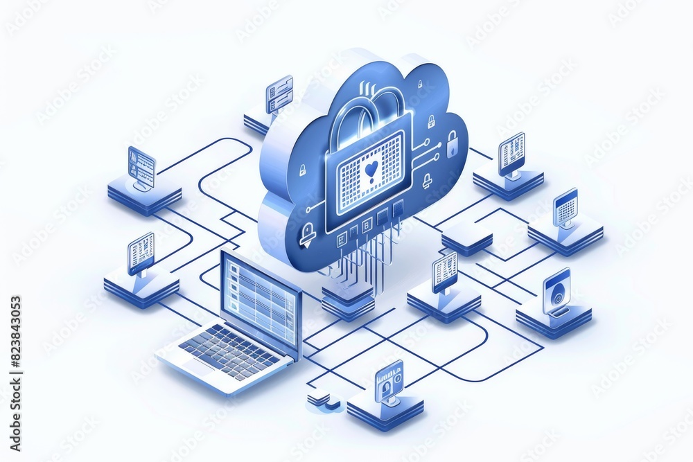 Poster comprehensive cloud data integration with secure network protection, futuristic technology illustrat