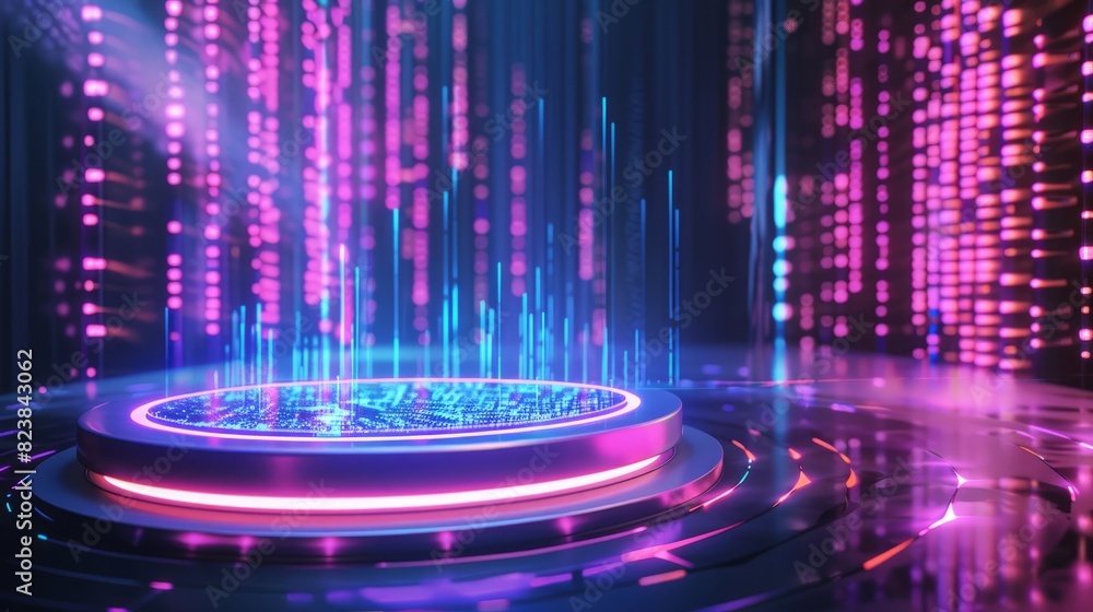 Poster glowing neon futuristic podium with illuminated holographic display on a digital data stream backgro