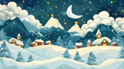 cartoon background with stars, clouds and snow covered mountains with houses wallpaper