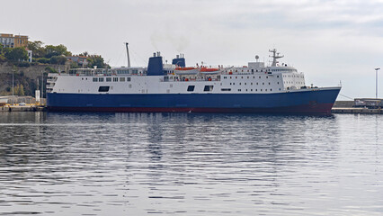 Obraz premium Large Ferry Boat Moored at Port in Kavala Greece