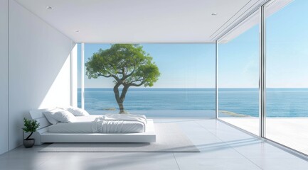 A white bedroom with glass doors leading to the ocean, large window wall showing blue sky and green tree outside