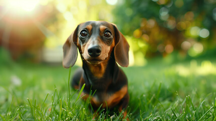 Dog (Dachshund). Isolated on green grass in park