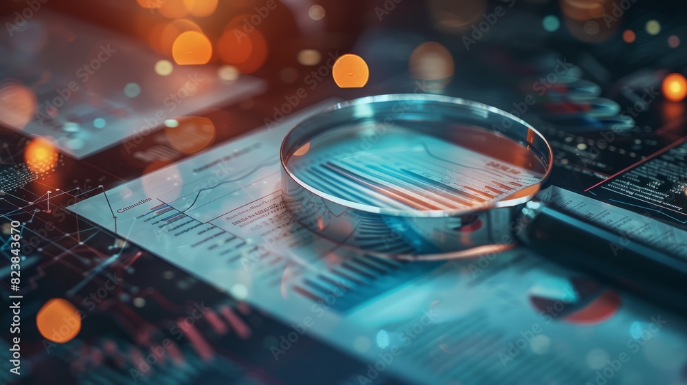 Aufkleber magnifying glass and documents with analytics data lying on table,selective focus with generative a