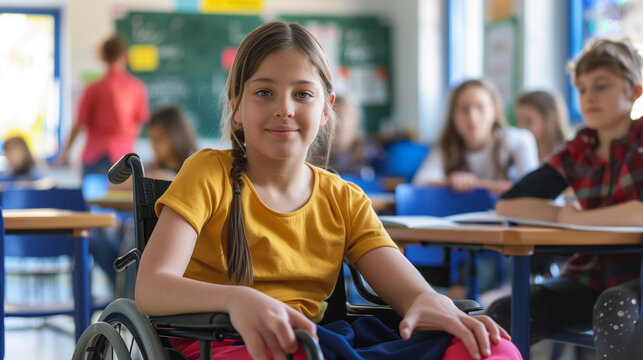 Girl in a wheelchair in a school class, other students in the background. Diversity theme, body inclusive theme. Acceptance of disabled people. Education theme.