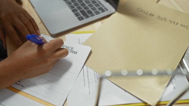 A woman examines evidence forms and a case folder in a police investigation office setting.