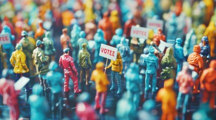 Fototapeta premium Miniature colorful figures with VOTE signs in a crowd. Tiny individuals in a crowd holding voting placards. Concept of elections, civic duty, collective action, and the power of the vote.