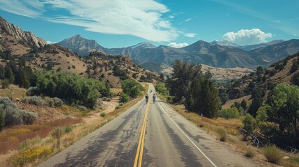 Fototapeta premium A man is riding a bicycle down a road in the mountains