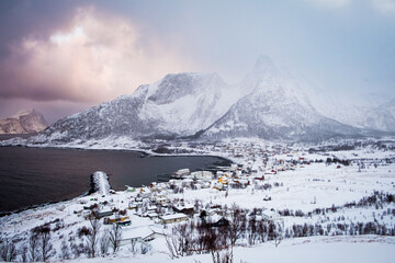 Snow covered mountains in winter in the Norwegian Fjords