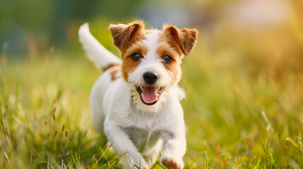 Small dog (Jack Russell Terrier). Isolated on green grass in park