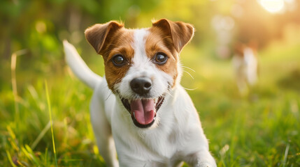 Small dog (Jack Russell Terrier). Isolated on green grass in park