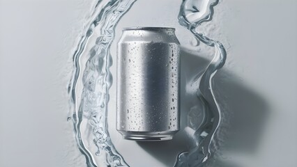 Realistic aluminum soda can with condensed water droplets Mockup with water background, product mockups