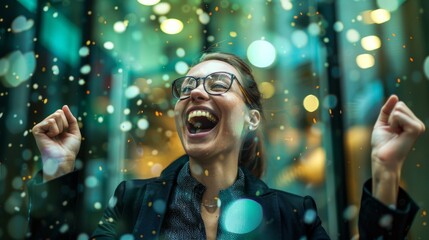 Portrait of a woman with a financial expert who is ecstatic about the success of her accountancy firm. Investor, finance, and female accountant in her company's entrance for investment and trade