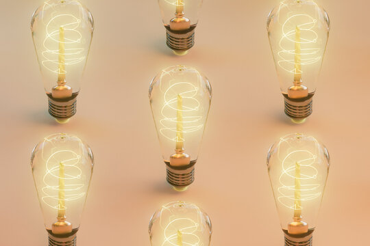Symmetrical Arrangement of Edison Light Bulbs on Gradient Backgr