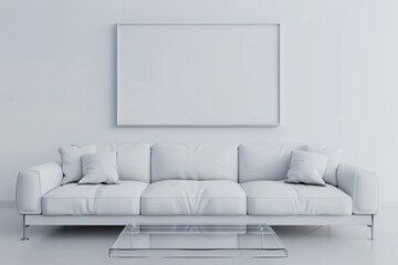 Minimalist 3D-rendered living room with a single blank frame on a pure white wall, featuring a white leather sofa and a sleek glass coffee table.