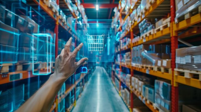 Smart warehouse management system using augmented reality technology to identify package picking and delivery . Future concept of supply chain and logistic business