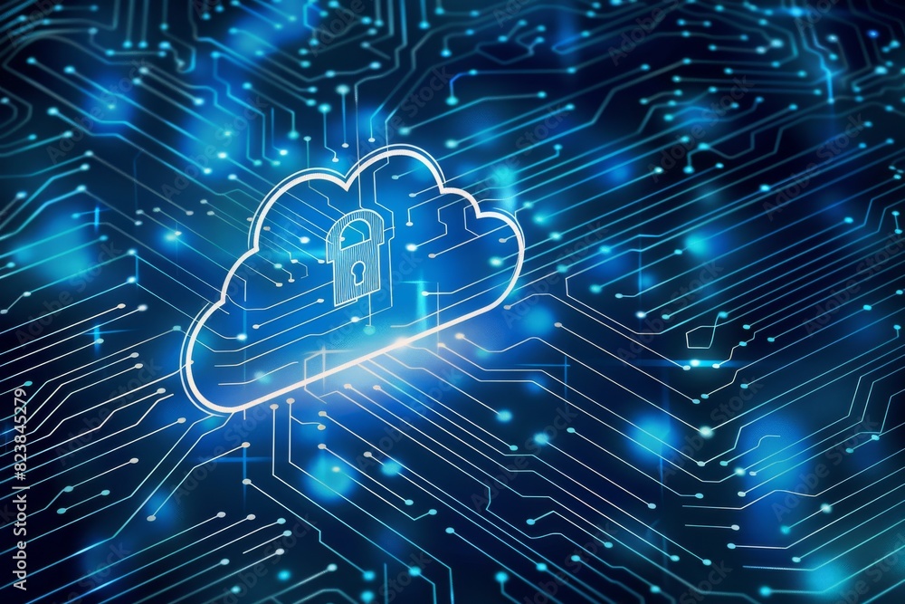 Poster comprehensive cloud security measures with data encryption and network protection, futuristic illust