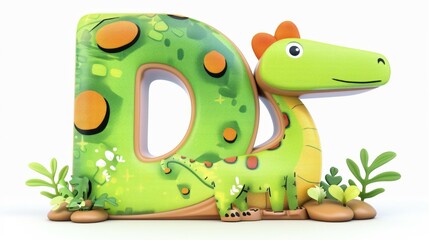 A green dinosaur is standing in front of the letter D