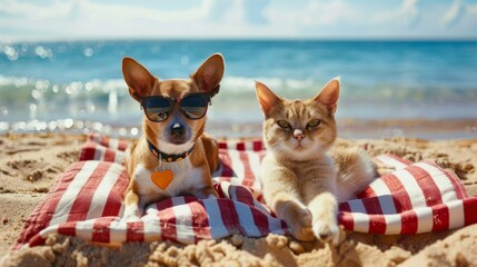 A dog and a cat are relaxing on the beach together. Animals lie on a red and white striped towel against the background of the ocean.