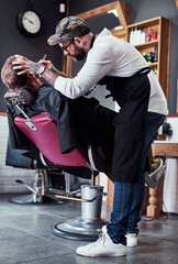 Beard, razor and barber with client for shave, haircut and grooming for hygiene, wellness or cosmetics. Barbershop, hairdresser parlor and man with shaving cream, foam and blade for hair service