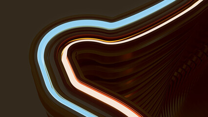 3D render of stacked linear metallic shapes glowing in the dark