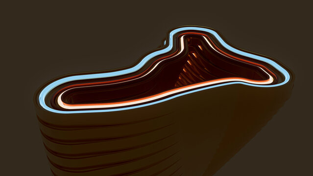 3D render of stacked linear metallic shapes glowing in the dark